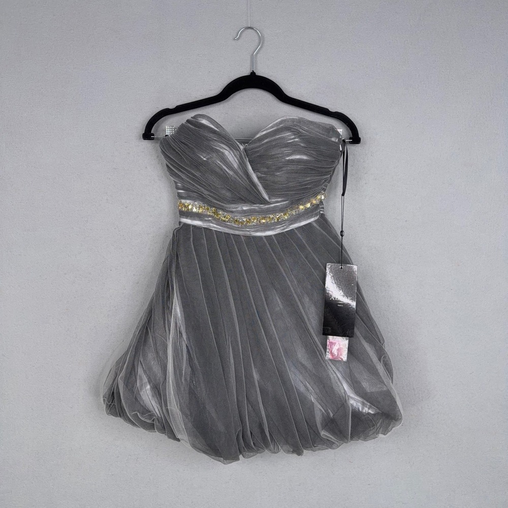 Alyce Paris Dress Women 0 Gray White Tulle Beaded Strapless Prom Cocktail Dazzle